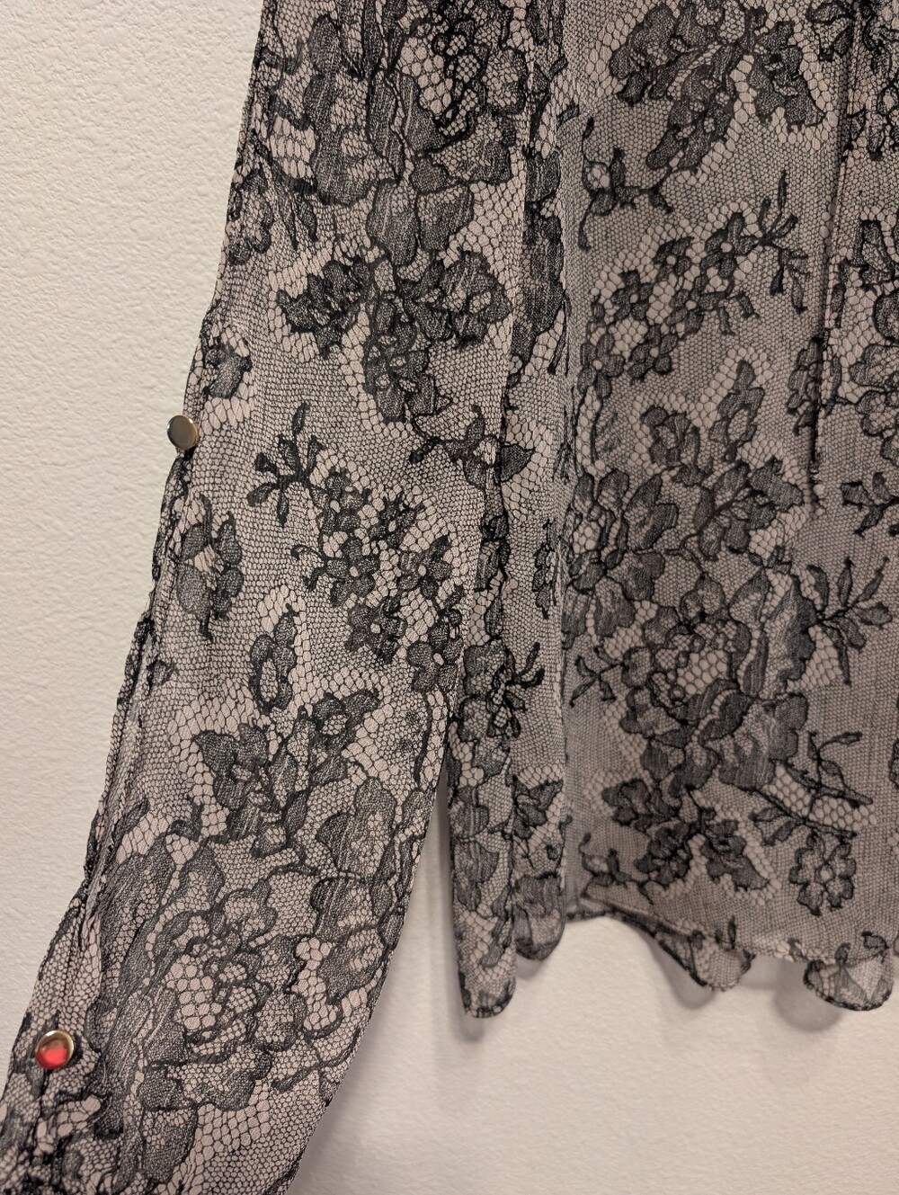 Lace Overlay Tan Long-Sleeve Women's Top - Picture 3 of 3